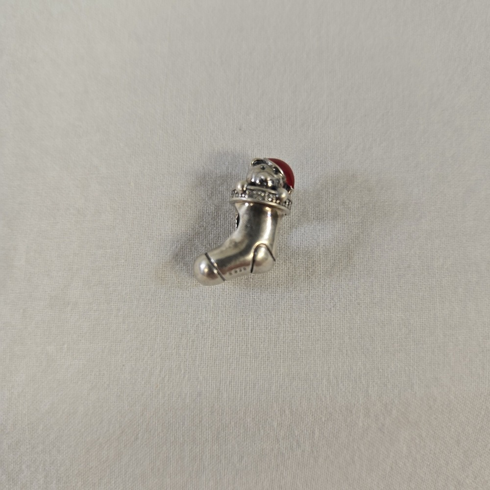 Pandora Christmas Stocking With Bear In Santa Hat Charm Vintage Sterling Silver